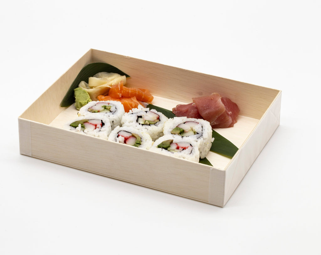 WBFD-145 - 7.5"x5.71" Foldable Rectangular Wooden Container Togo Food Sushi Box Serving Trays with Lids