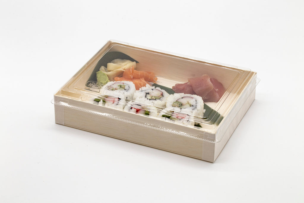 WBFD-145 - 7.5"x5.71" Foldable Rectangular Wooden Container Togo Food Sushi Box Serving Trays with Lids