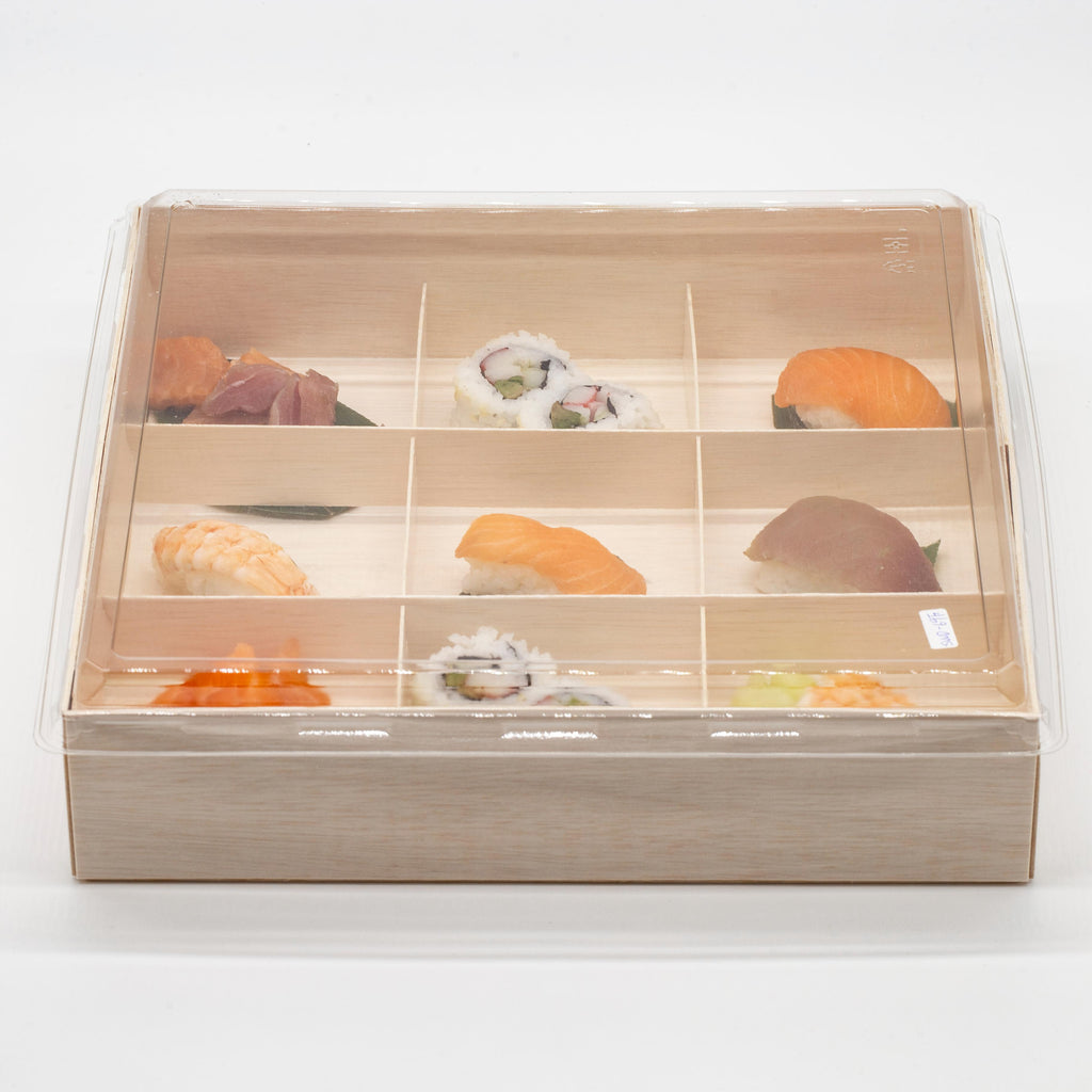 WBRT-440 8.42"x8.42"  9 Compartments Wooden Box Food Sushi Container w/ Plastic Lids