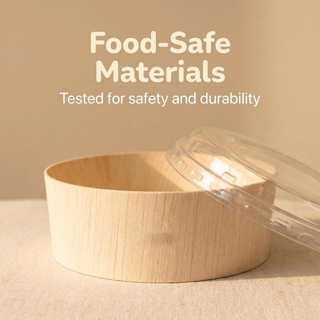 5" Round Wooden Sushi Container with Lid, Eco-Friendly Takeout Food Box, Disposable Sushi Tray for Noodle Salad Catering | WBR-05