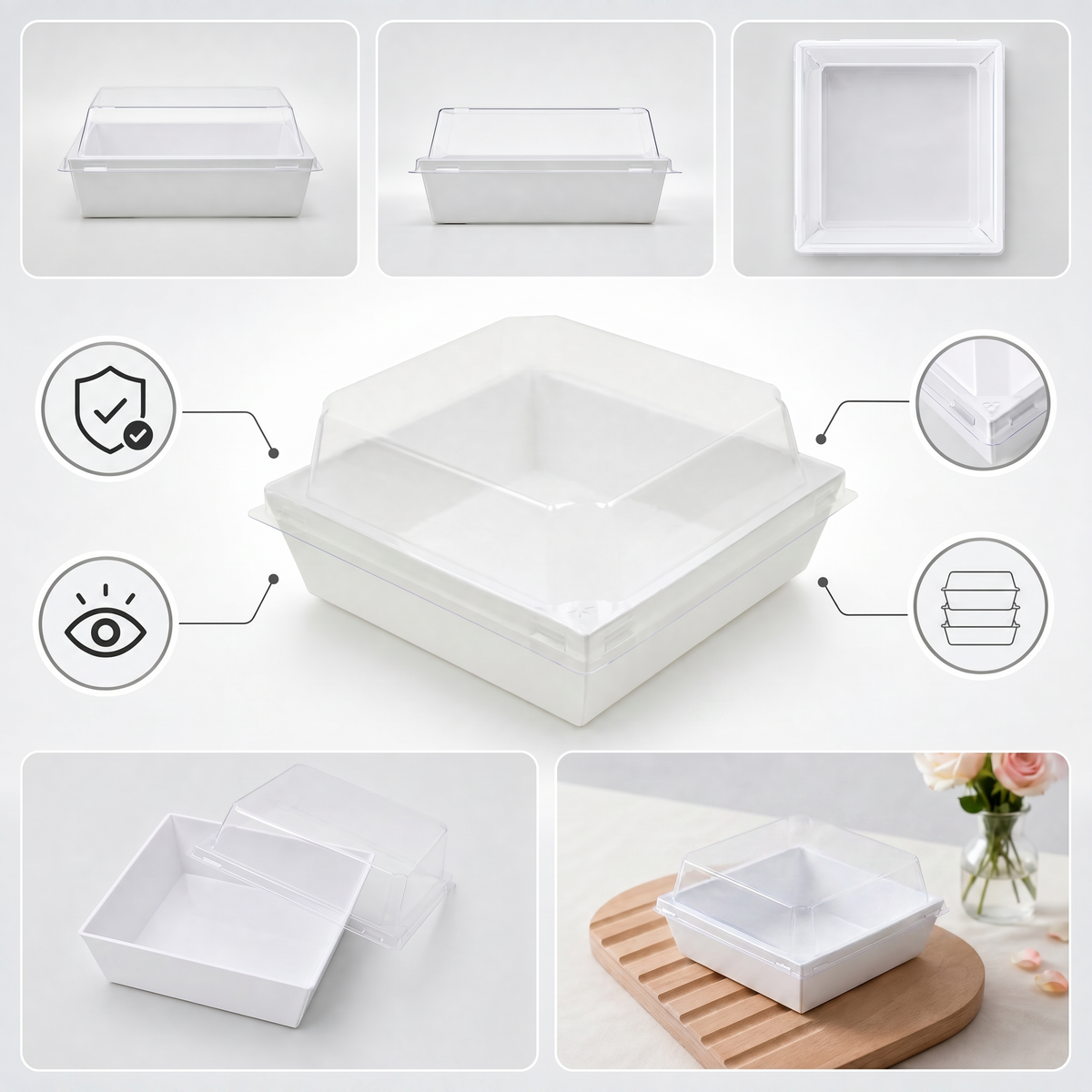 100Sets White Cake Boxes with Clear Lids,Takeout Square Paper Sandwich Container