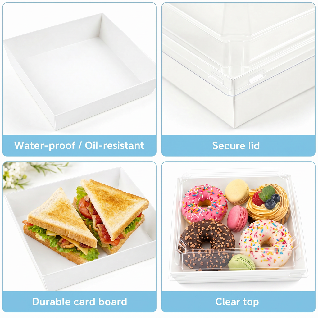 100Sets White Cake Boxes with Clear Lids,Takeout Square Paper Sandwich Container