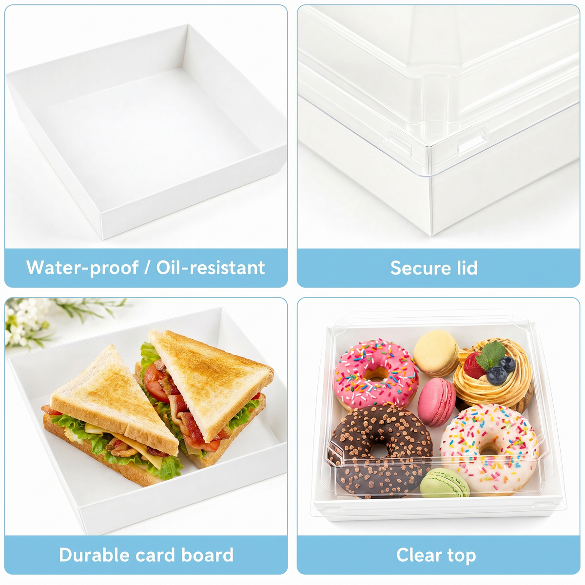 100Sets White Cake Boxes with Clear Lids,Takeout Square Paper Sandwich Container