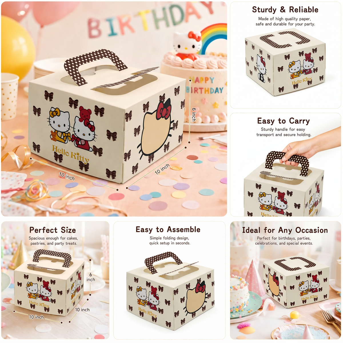 25pcs 10"x10"x6" Sanrio Hello Kitty Large Cake Box with Handle，Cute Anime Bakery Packing Box with Window