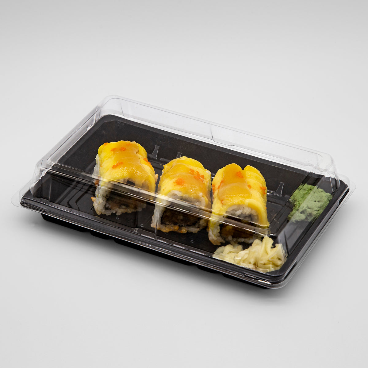 ST-5-015 8.7x5.6x1.8in Heavy Duty Blue/Black/Sakura PET Sushi Trays with Lids 100/200/400 Sets
