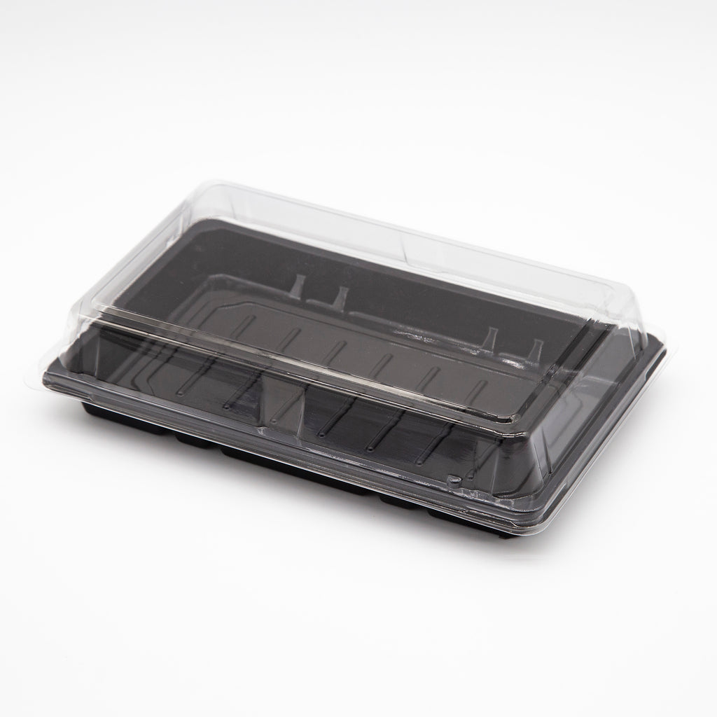 ST-5-015 8.7x5.6x1.8in Heavy Duty Blue/Black/Sakura PET Sushi Trays with Lids 100/200/400 Sets