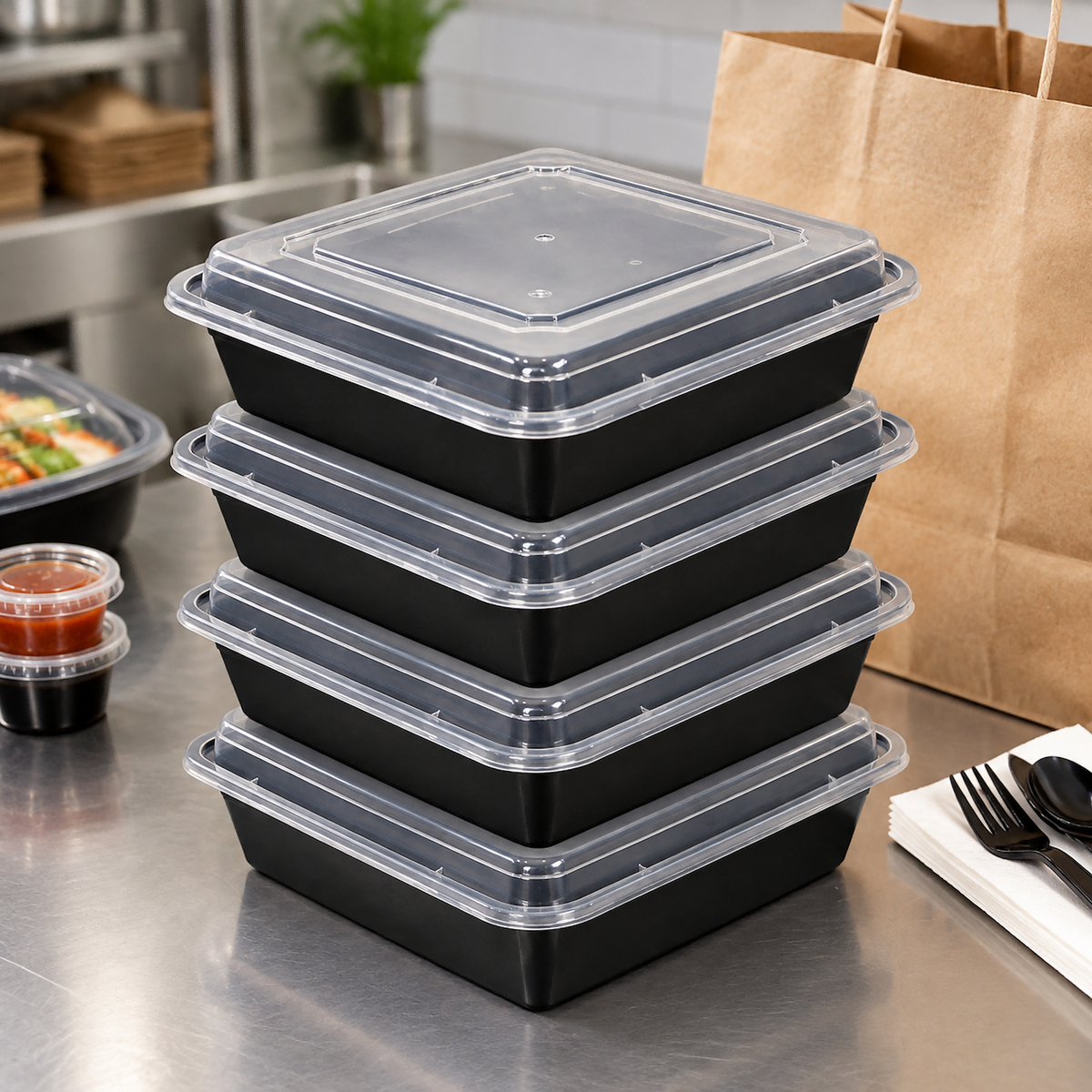 150sets Square Reusable 48oz Black PP Meal Prep Containers with Lids 8.4*8.4*2.2in