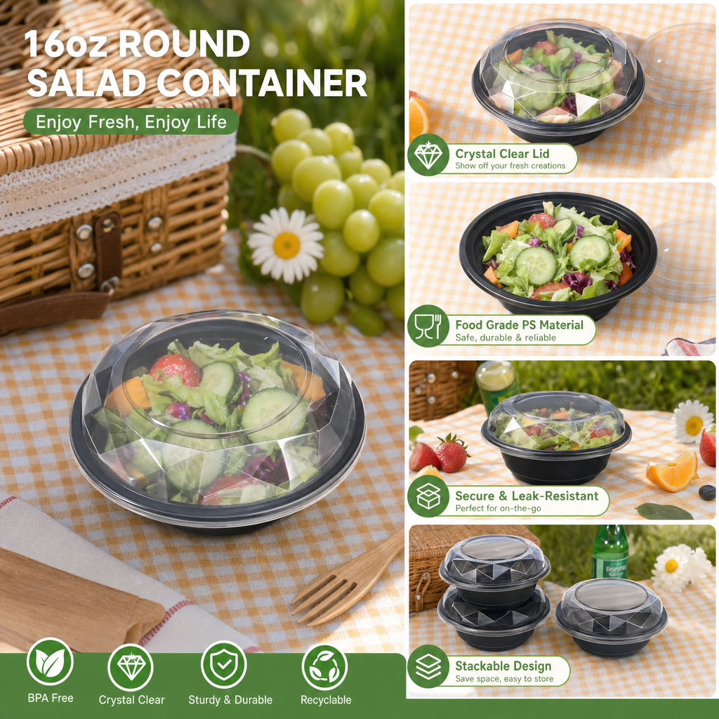 50sets 16oz Disposable Salad Containers with Dome Crystal Lids, BPA-Free Food Grade Plastic Bowls