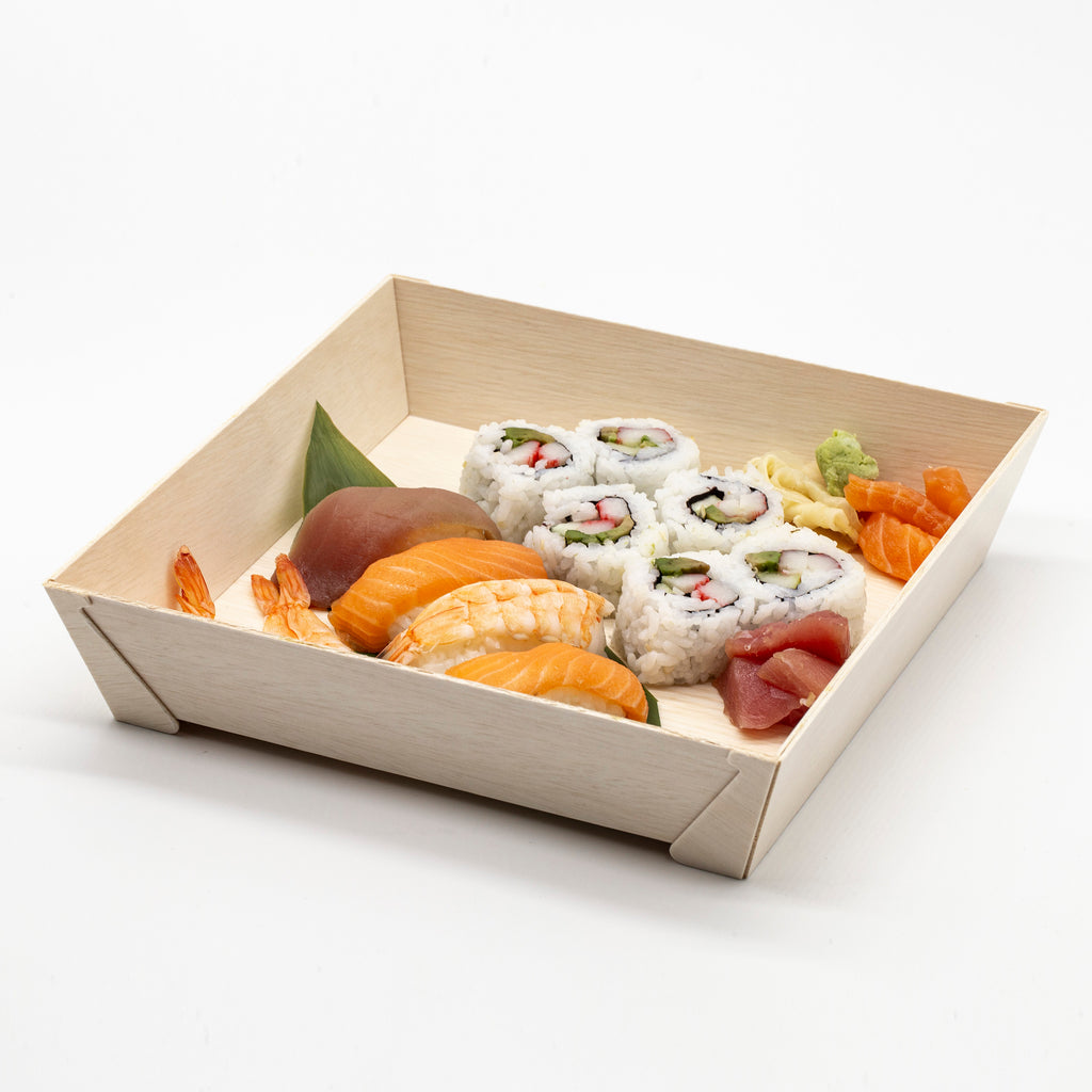 WBRT-440 8.42"x8.42"  9 Compartments Wooden Box Food Sushi Container w/ Plastic Lids