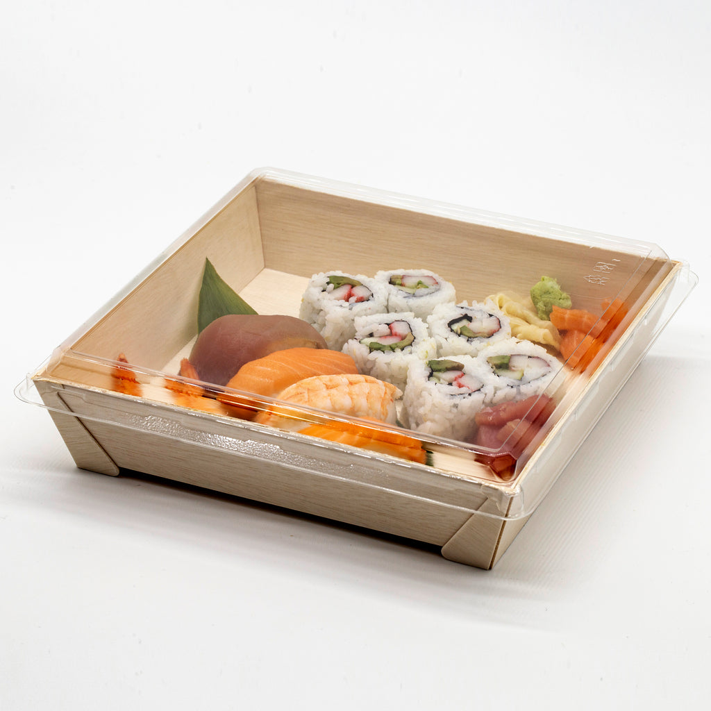 WBRT-440 8.42"x8.42"  9 Compartments Wooden Box Food Sushi Container w/ Plastic Lids