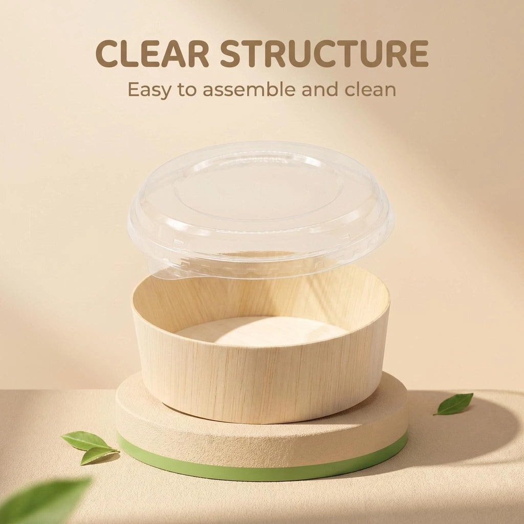 5" Round Wooden Sushi Container with Lid, Eco-Friendly Takeout Food Box, Disposable Sushi Tray for Noodle Salad Catering | WBR-05