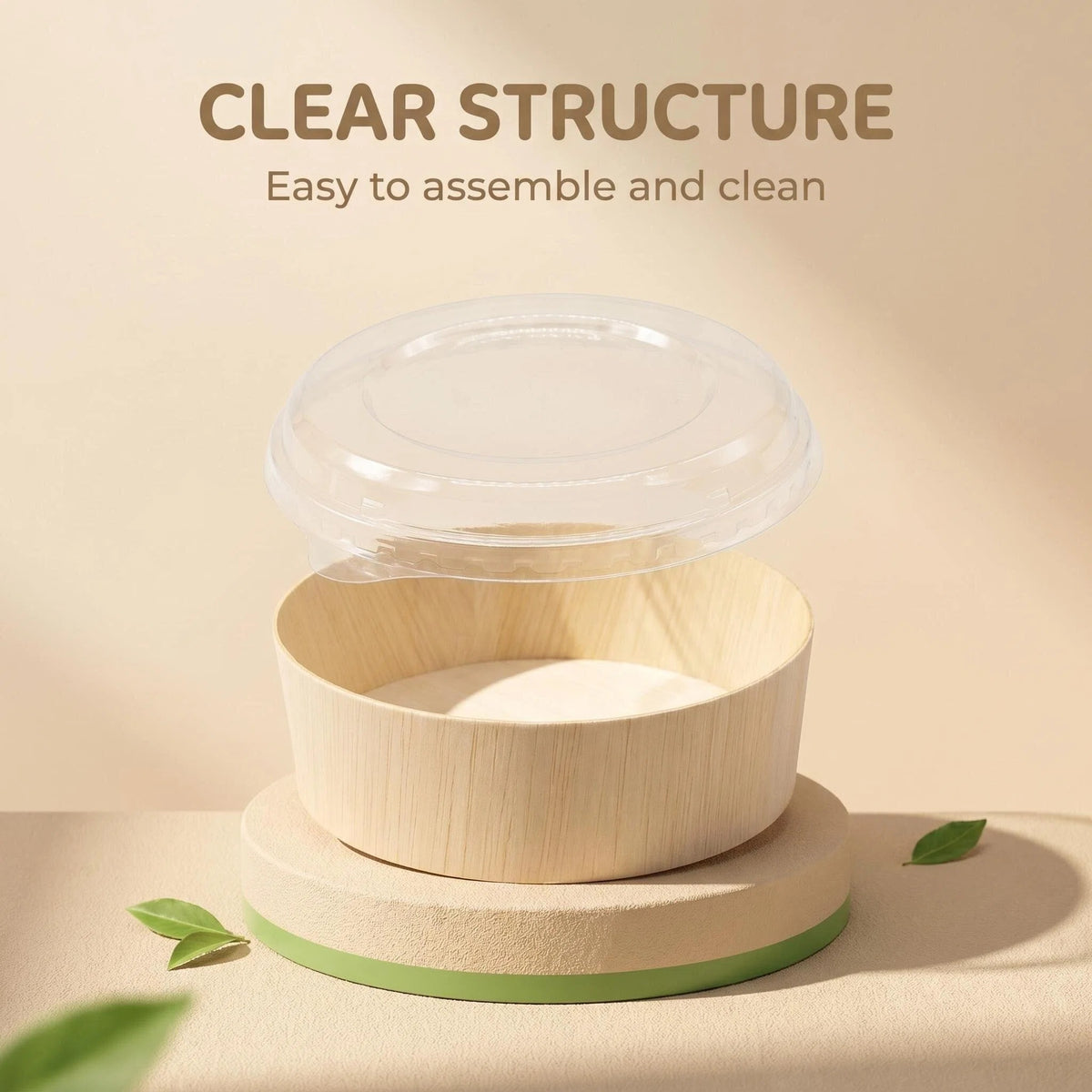 5" Round Wooden Sushi Container with Lid, Eco-Friendly Takeout Food Box, Disposable Sushi Tray for Noodle Salad Catering | WBR-05