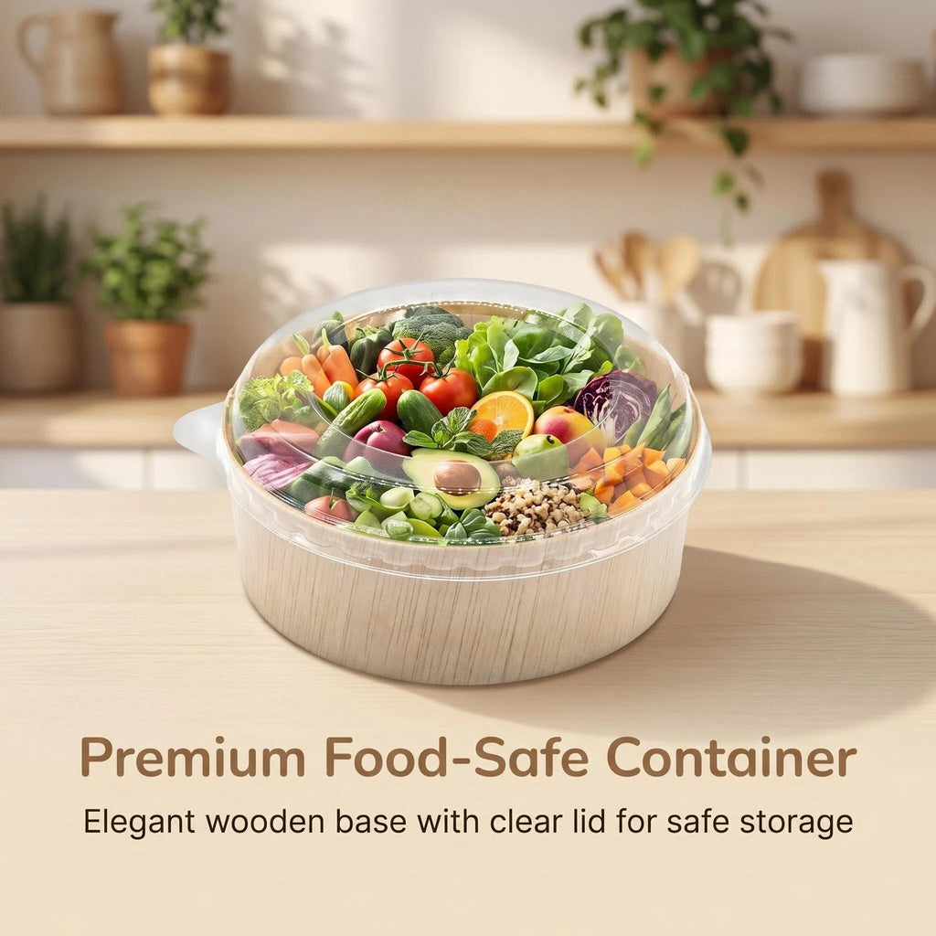 5" Round Wooden Sushi Container with Lid, Eco-Friendly Takeout Food Box, Disposable Sushi Tray for Noodle Salad Catering | WBR-05