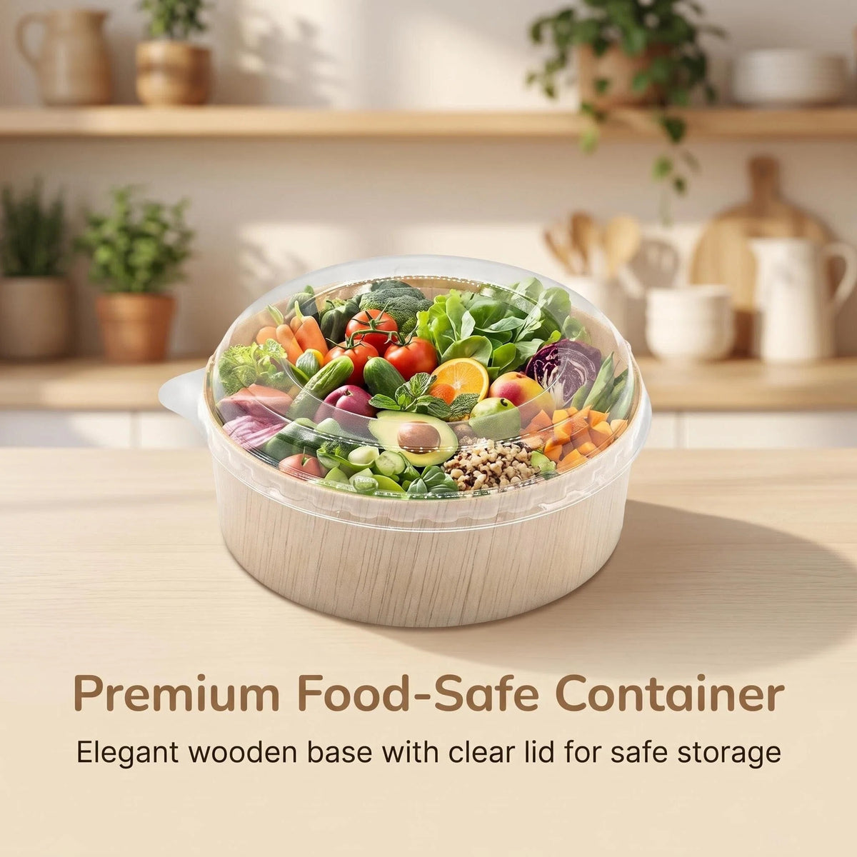 5" Round Wooden Sushi Container with Lid, Eco-Friendly Takeout Food Box, Disposable Sushi Tray for Noodle Salad Catering | WBR-05