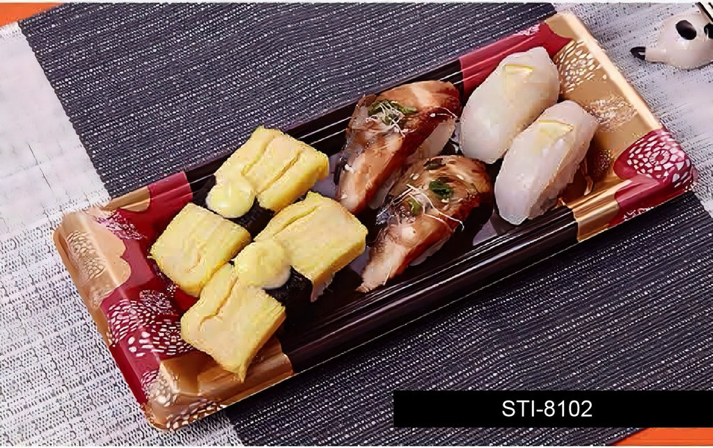 200 sets Red&Gold Pattern Base Sushi Tray with Clear Lid