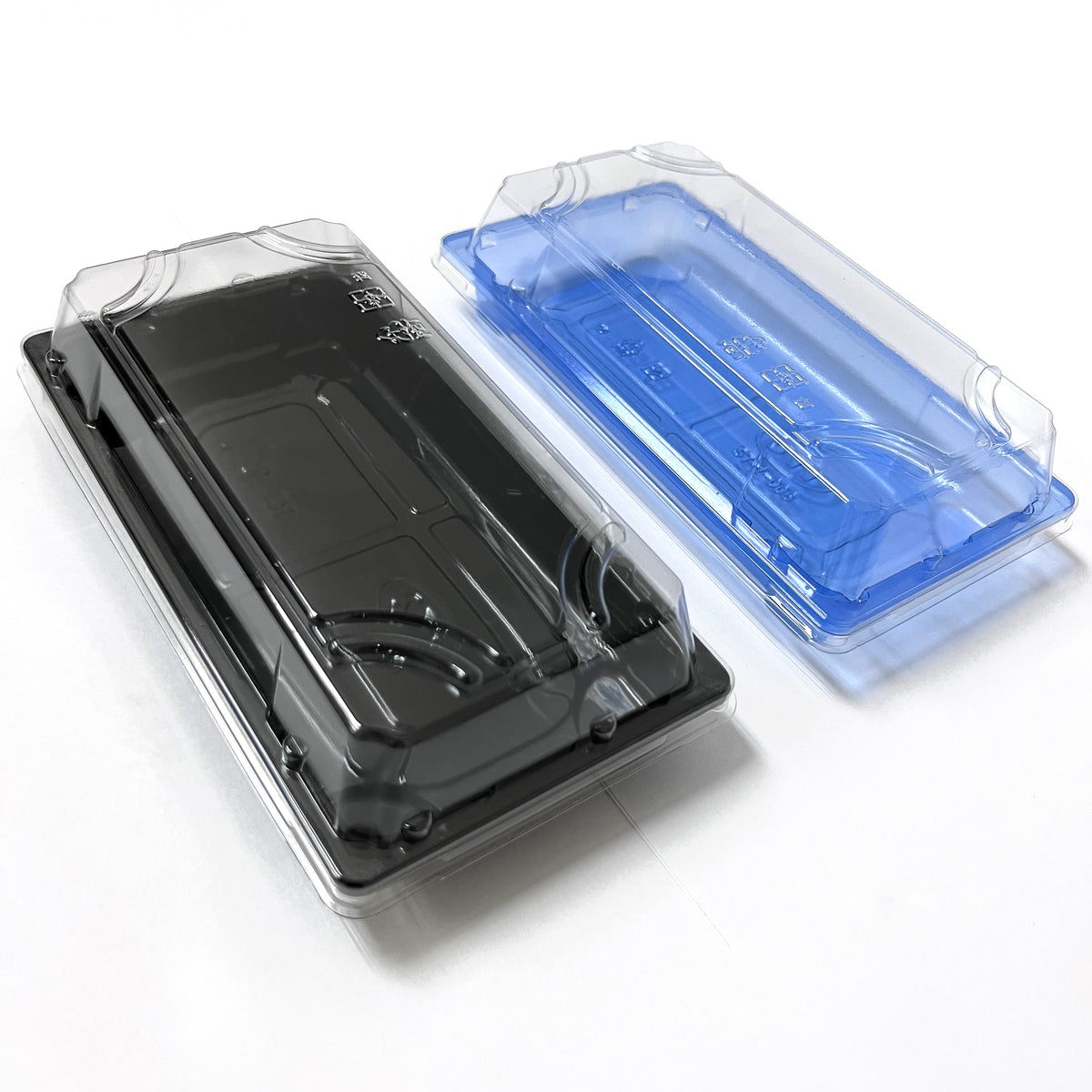 ST-1-006 | 6.7x3.9x1.8in Heavy Duty PET Sushi Trays with Lids, Blue/Black/Sakura Bases with Clear Lids, 100/200/400 sets