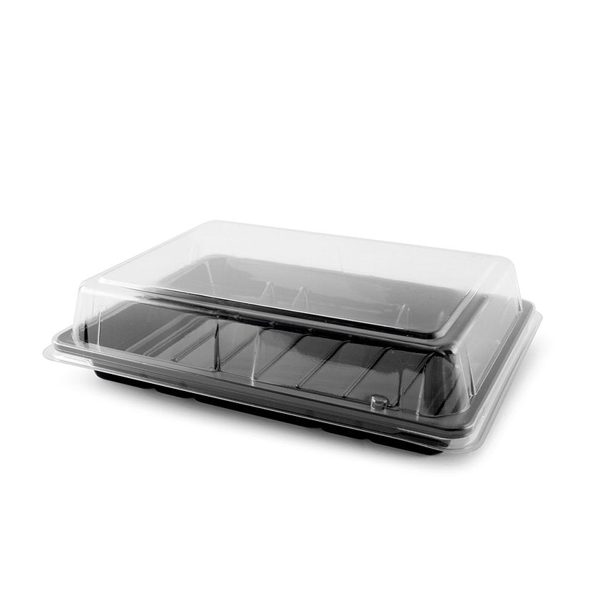 ST-4-010 7.5x5.2x1.8in Heavy Duty Blue/Black/Sakura PET Sushi Trays with Lids 100/200/400 Sets